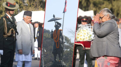 राष्ट्रपति र प्रधानमन्त्री सँगसँगै पुगे पृथ्वीनारायणको शालिकमा पुष्पगुच्छा चढाउन